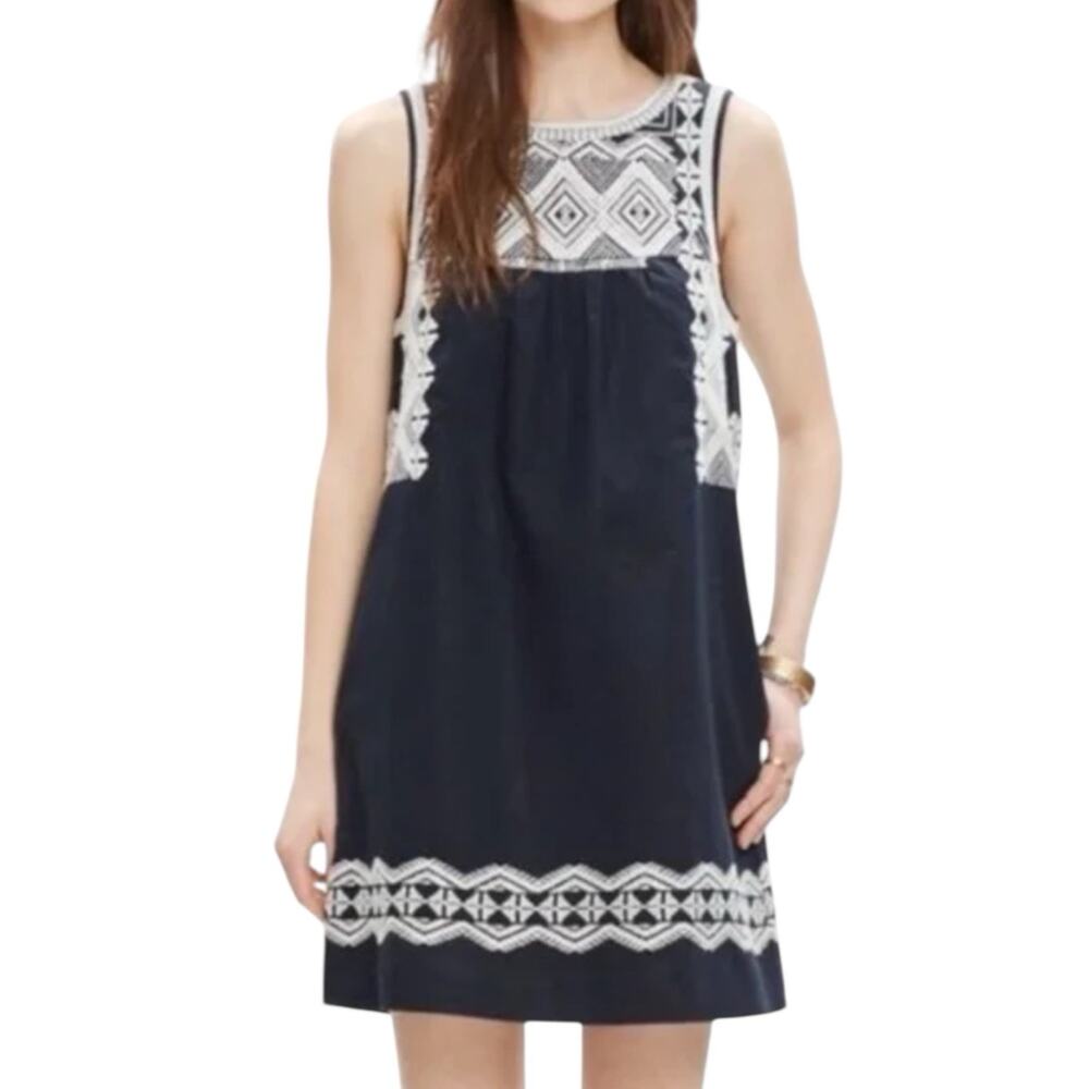 Madewell Navy Blue Linen Blend Aztec Embroidered Knee Length Dress Size Small